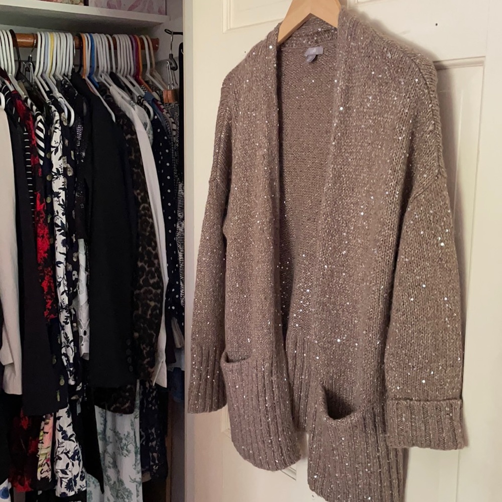 J.Jill Soft Brown and Gold Sequin Cardigan
